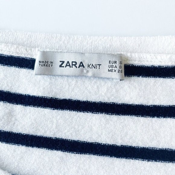 Zara Ruffle Sweater Sz Small Blue White Stripe Long Sleeve Knit Pullover Stretch - Picture 7 of 11